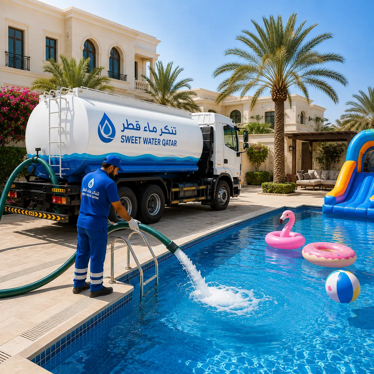 تنكر ماء قطر يقدم خدمة تعبئة المسابح بالمياه العذبة النظيفة في فيلا سكنية حديثة في قطر.