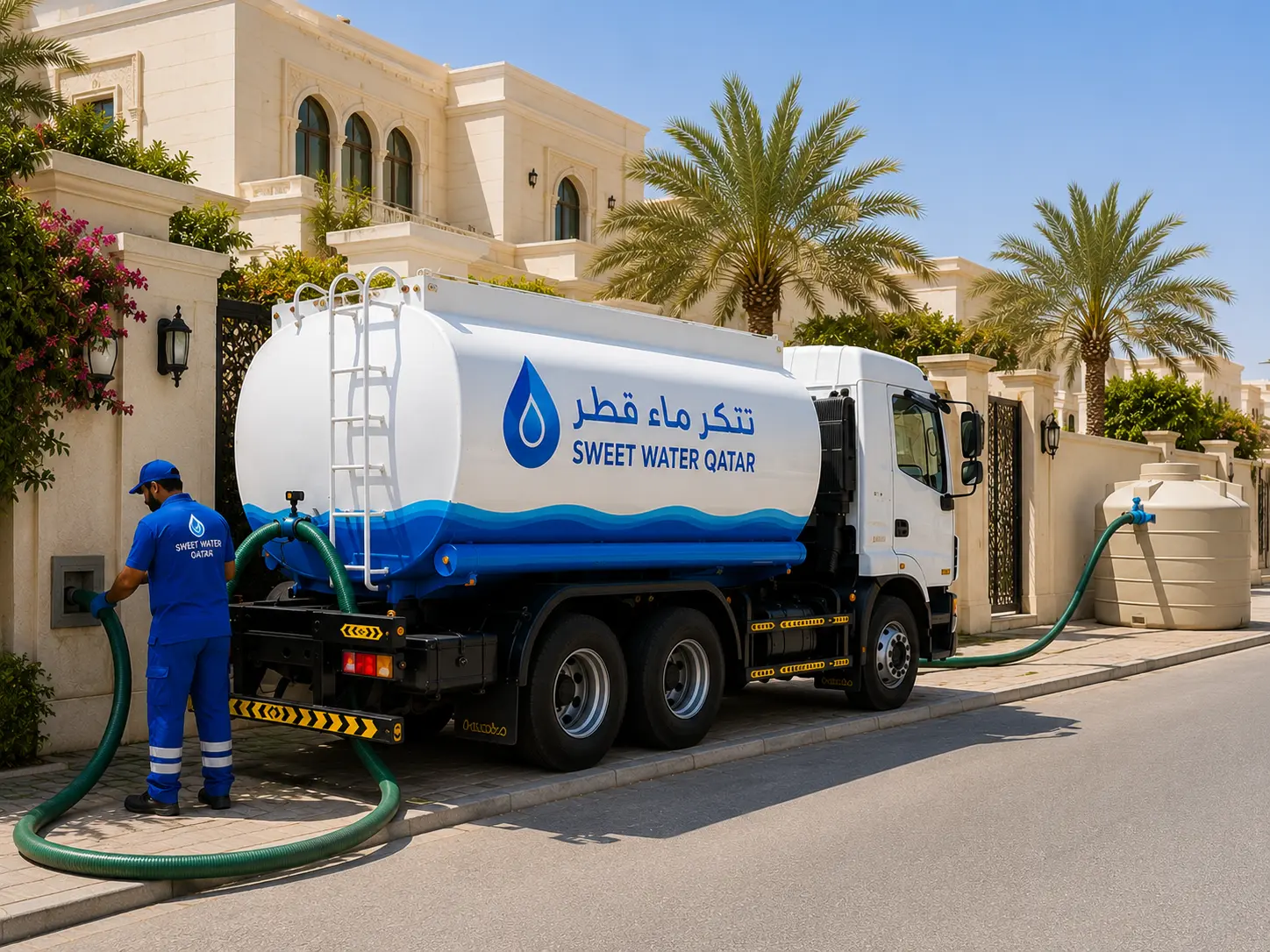 تنكر ماء قطر يقدم خدمة تعبئة خزانات المياه العذبة للمنازل والفلل في قطر باستخدام صهريج مياه حديث.