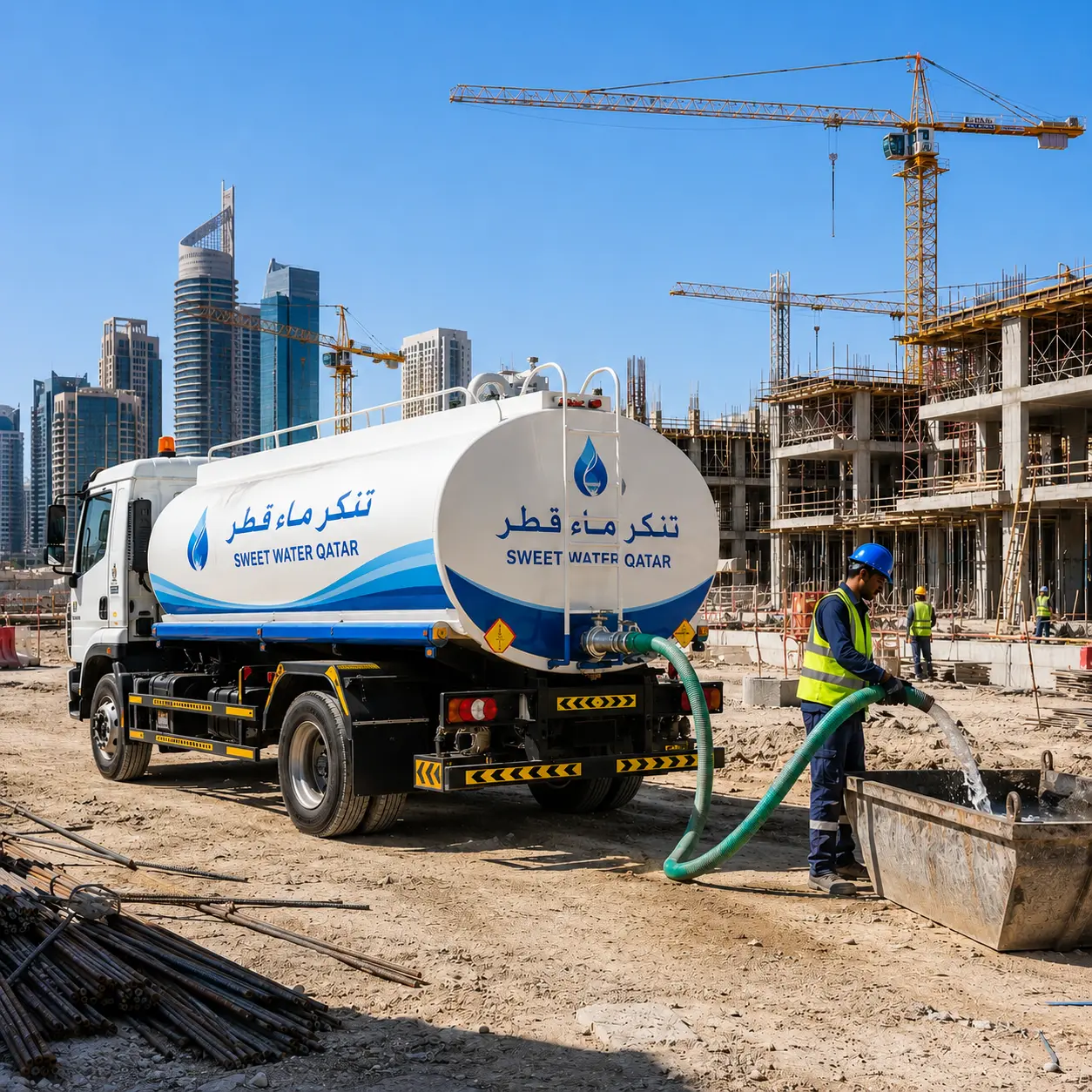 تنكر ماء قطر يوفر خدمة توريد المياه لمواقع البناء والمشاريع في قطر باستخدام صهريج مياه حديث وخدمة سريعة وموثوقة