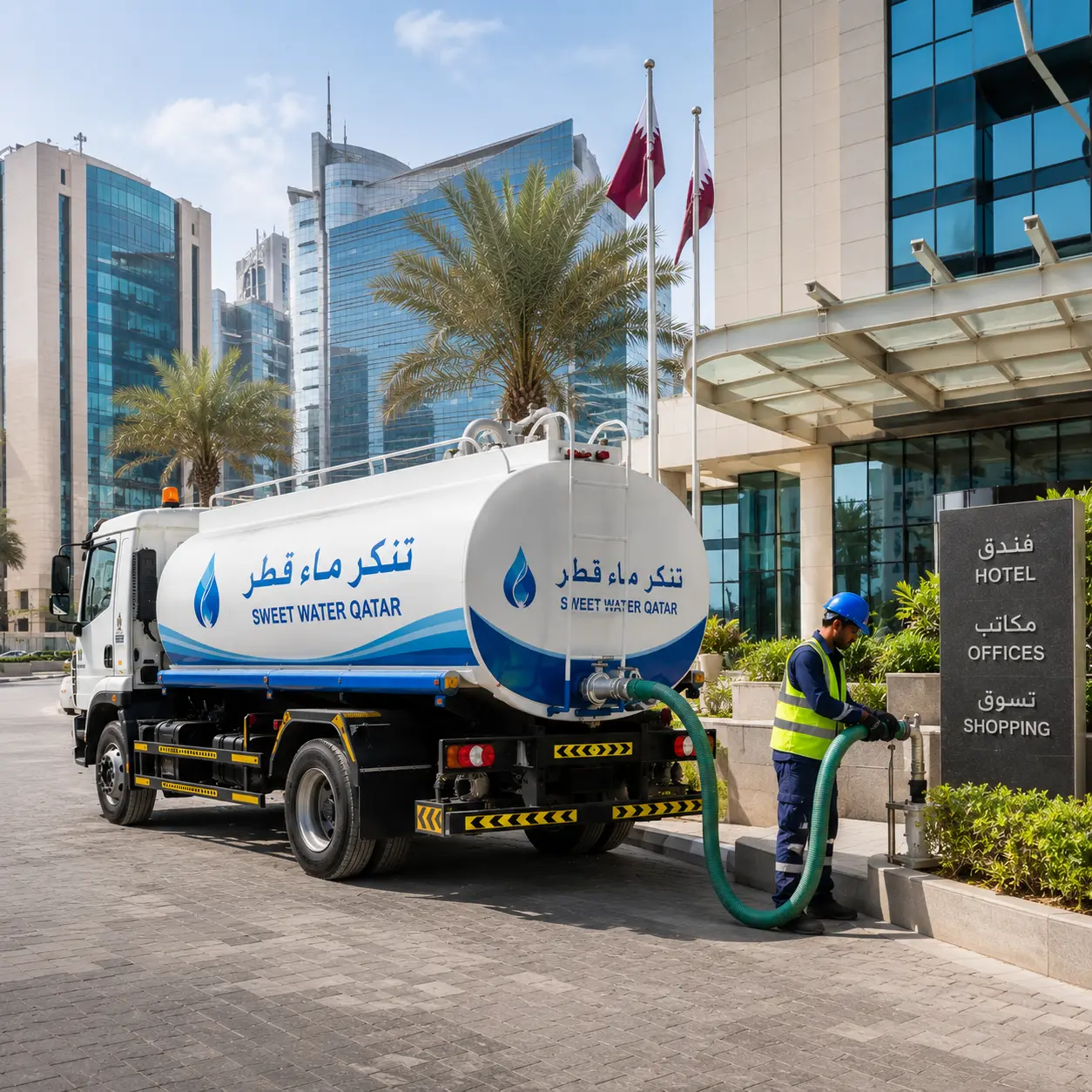 تنكر ماء قطر يقدم حلول مياه تجارية موثوقة للشركات والفنادق والمجمعات التجارية مع توصيل سريع ومياه عذبة نظيفة في جميع أنحاء قطر.