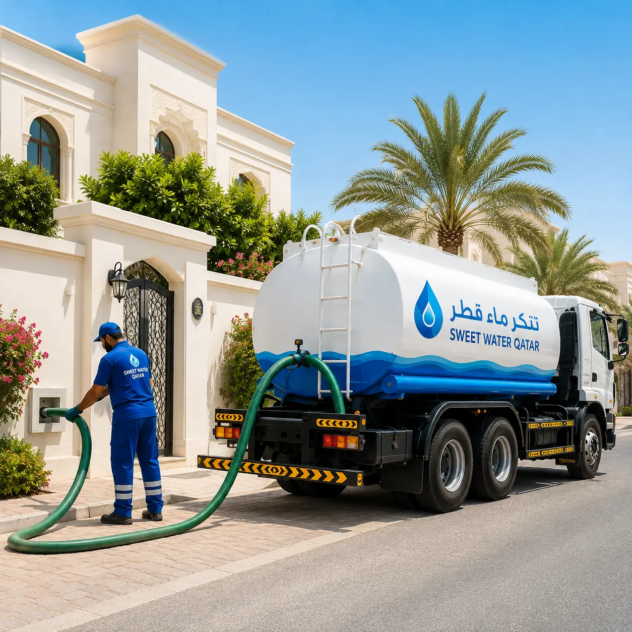 تنكر ماء قطر يوفر خدمة توصيل المياه العذبة للمنازل والفلل في قطر باستخدام صهريج مياه حديث.